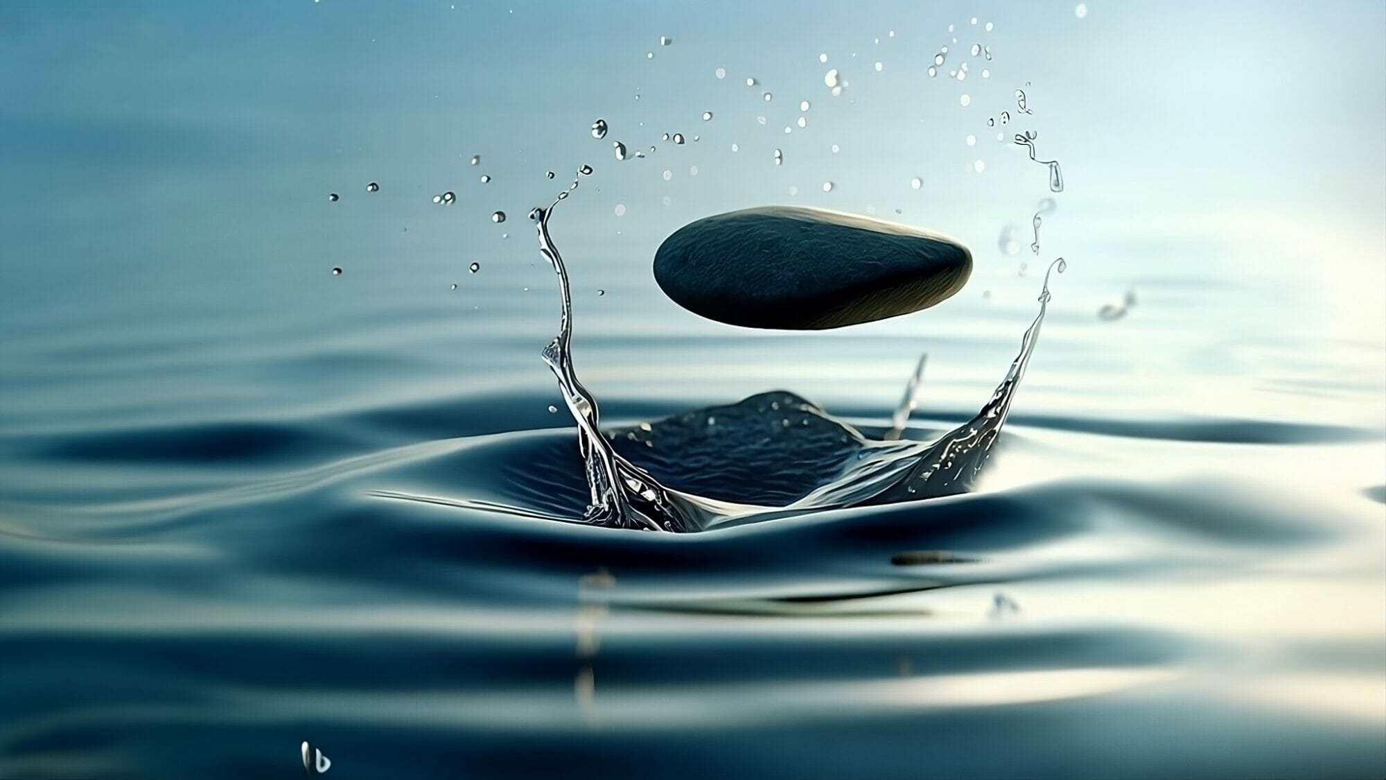 Matts Monthly Skimmer. An image of a stone skipping over water leaving ripples and splashes behind